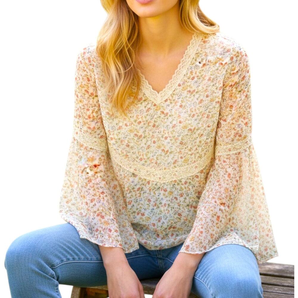 Vintage Silk Peasant Blouse Top Lace Trim Yellow Floral Sheer Sleeves Sz Large